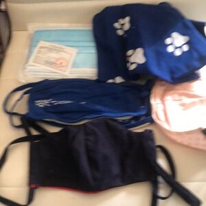 4 face masks, 1 bandanna, and 10pc disposable face masks